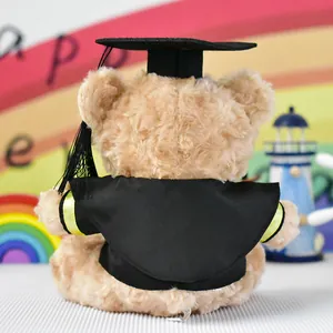 Vista posteriore di un orsetto di peluche per la laurea con tocco e toga accademica nera