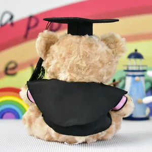 Vista posteriore dettagliata dell'orsacchiotto di laurea con tocco e toga accademica