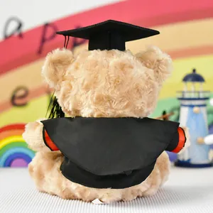 Dettaglio vista posteriore di orsetto peluche per laurea con toga accademica e tocco neri.