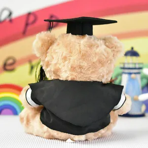 Vista posteriore di un orsetto di peluche per la laurea con tocco e toga neri