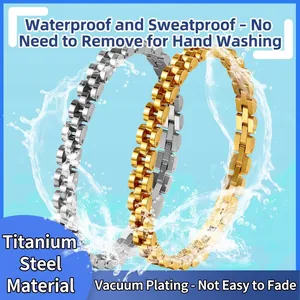 Detail view of titanium steel watch-band style bracelets with vacuum-plated finish and water splash
