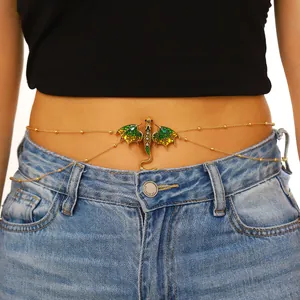 Golden dragon waist chain with green enamel wings and rhinestones for women