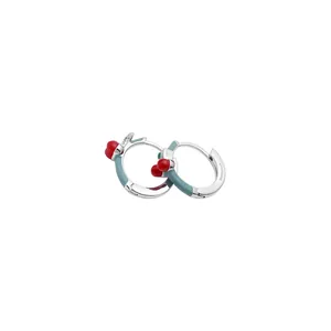 Minimalist teal enamel silver hoop earrings with cute red heart charm and cubic zirconia