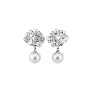 Elegant silver floral earrings featuring small diamonds and large white pearl pendants