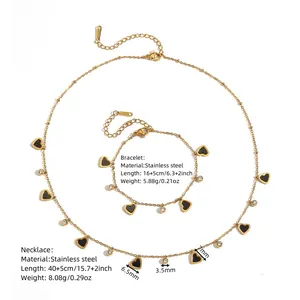 Stainless steel heart charm and zircon necklace and bracelet jewelry set for women