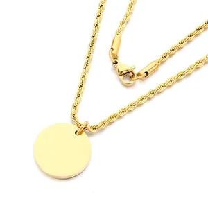 Collier chaîne torsadée en acier inoxydable doré 18 carats avec pendentif disque rond