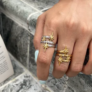 Detailweergave van goud en zilver titanium stalen ringen met achtpuntige sterren