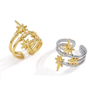 Elegante ringen met achtpuntsster en zirkoon van goud- en zilverkleurig staal