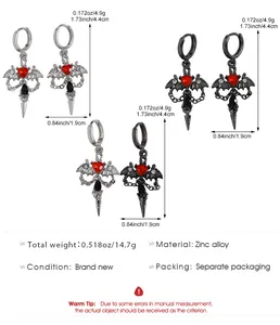 Detailed size chart of Gothic bat earrings with heart stones and zinc alloy dimensions