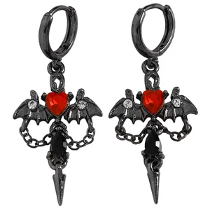 Detailed gothic bat wing earrings with red heart gems and black dagger drop charms