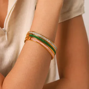 Set of three 18K gold plated stainless steel bangles with colorful zircon inlay