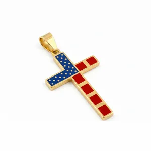 Fashionable hip hop stainless steel American flag cross pendant with gold plating for men