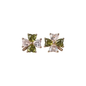 Elegant 14k gold plated flower stud earrings with green and pink zircon stones for women