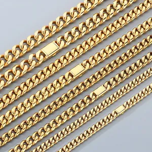 Cadenas Miami Cuban de acero inoxidable dorado en varios tamaños para hombres y mujeres