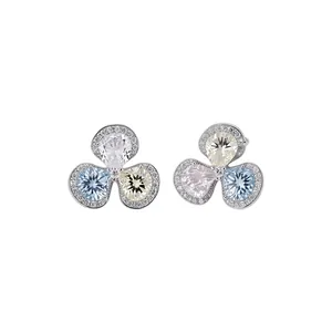 Elegant floral stud earrings with multi-colored pear-cut zircons and silver needles.