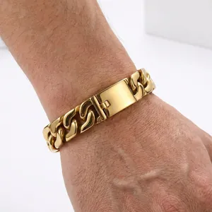 Men's gold-plated stainless steel Cuban link bracelet with a smooth rectangular ID plate