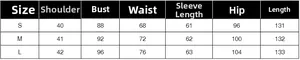 Tableau des tailles pour manteau long en dentelle montrant épaules et buste en détail
