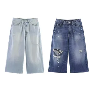 Women Casual Distressed Wide Leg Denim Jeans Washed High Waist Raw Hem Ripped Crop Pants Summer Streetwear Fashion Bottoms