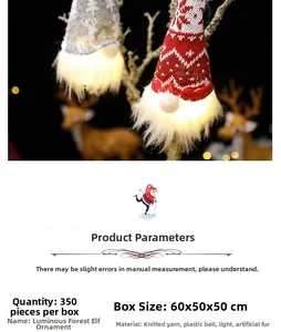 Close-up of glowing gnome Christmas ornaments with knitted hats and warm LED lights
