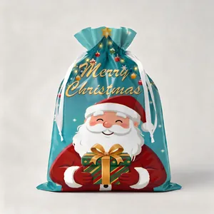 Blue Christmas drawstring gift bag with cartoon Santa Claus and Merry Christmas print