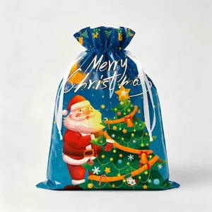 Blue Christmas drawstring gift bag with Santa Claus decorating a tree illustration