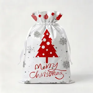 White Christmas drawstring gift bag with red festive tree print and silk ribbon