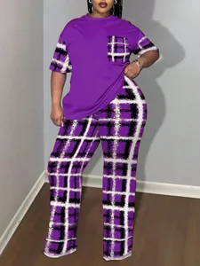 Ensemble Deux Pièces Grande Taille Femme Imprimé Écossais Décontracté Manches Courtes Top And Bottom Avec Poche Col Rond Pantalon Polyester