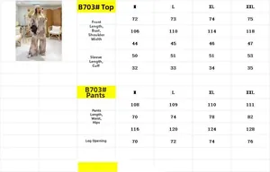 Detailed size chart for women's printed two-piece set including top and wide-leg trousers