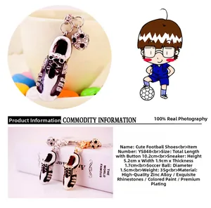 Detailed view of soccer shoe keychain with rhinestones and size labels for zinc alloy charm