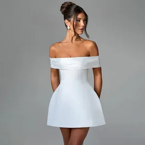Detail of white off-shoulder mini dress with elegant satin texture and A-line silhouette