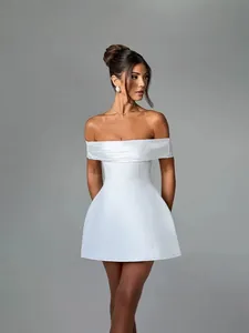 Elegant white off-shoulder mini dress with fold-over neckline and A-line satin skirt