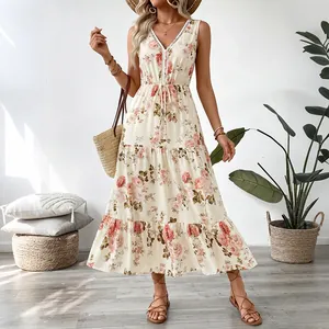 Women Vintage Floral Sleeveless Maxi Dress V-Neck Lace Trim Tiered Vacation Bohemian High Waist A-Line Long Sundress