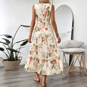 Robe longue d'été sans manches pour femme avec imprimé floral et ourlet à volants