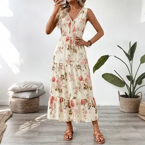 Robe Longue Fleurie Sans Manches Femme Élégante Col en V Bordure Dentelle Jupe à Étages Bohème Taille Cordon Robe de Plage