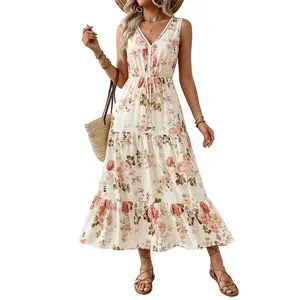 Robe longue bohème sans manches à col en V avec imprimé fleuri et jupe à étages