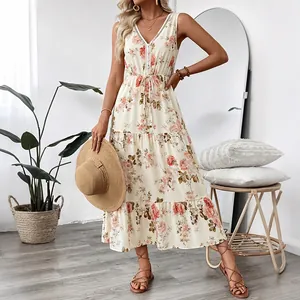 Robe longue d'été sans manches à col en V avec imprimé fleuri et cordon à la taille