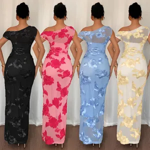 Elegant one-shoulder mesh maxi dress with 3D floral embroidery in multiple colors
