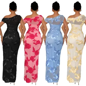 Rear view of mesh bodycon dresses with floral embroidery in black, pink, blue and cream