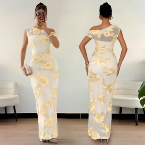 Detail of elegant one-shoulder white bodycon dress with yellow 3D floral appliques