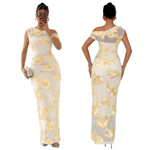Detail of elegant bodycon dress with sheer mesh shoulder and 3D floral embroidery