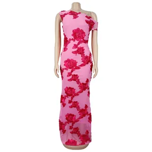 Detail of red 3D floral embroidery on pink mesh one-shoulder bodycon long dress