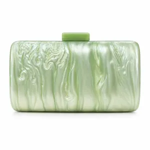 Detailed view of light green marble acrylic evening clutch with rectangular top clasp