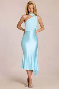 Detail of light blue bodycon dress featuring a satin finish and elegant chiffon neck tie