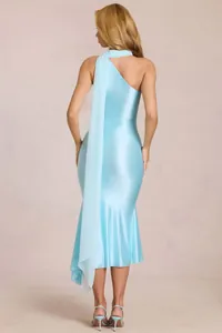 Detail of light blue satin fishtail dress featuring elegant shoulder ribbons and a slim fit