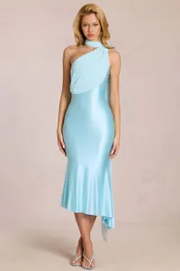 Detail of light blue satin dress featuring a halter neck and elegant side ribbon accents