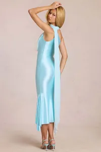 Light blue satin halter neck dress featuring a fishtail hem and elegant flowing ribbons