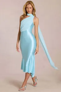 Detail of light blue satin dress with halter neckline and elegant flowing scarf detail