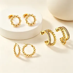 C-Shaped Hoop Earrings For Women Stainless Steel 18K Gold Plated Cubic Zirconia Beaded Double Layer Elegant Jewelry