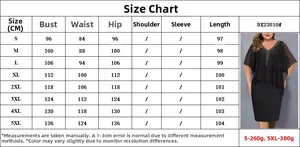 Size chart for rhinestone chiffon evening dress with measurements from S to 5XL