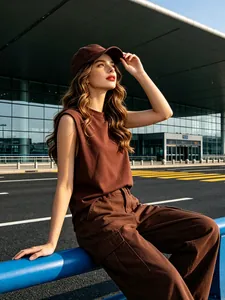 Women's chic sleeveless coffee brown top and cargo pants set for casual outdoor wear